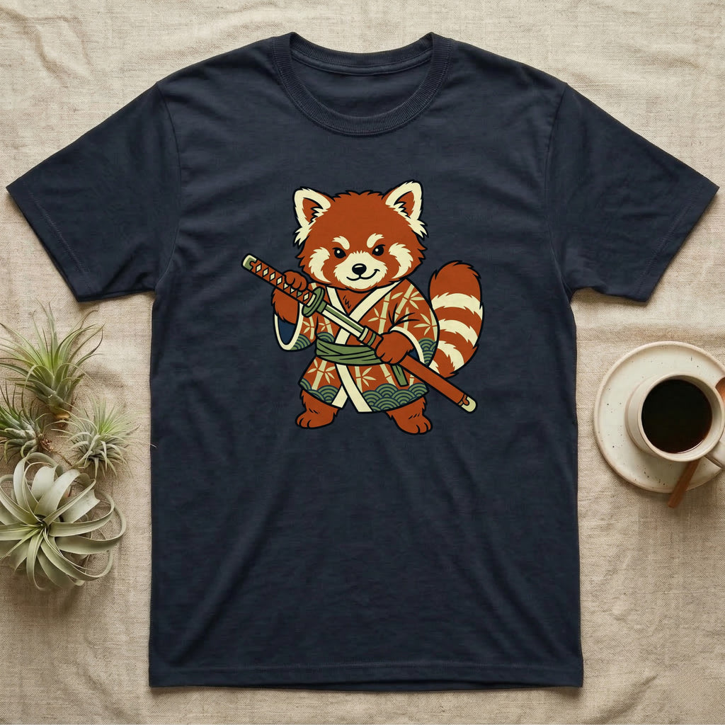 Dark blue t-shirt with a red panda in a kimono holding a katana.