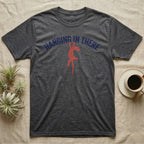 Crested Gecko Hanging T-Shirt in Dark Heather — Red crested gecko hanging by its front feet from the navy arched words HANGING IN THERE