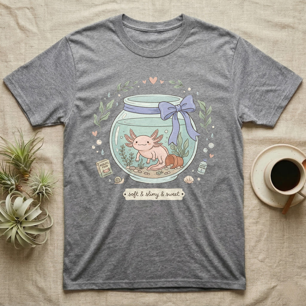 Grey t-shirt with a cartoon axolotl in a glass bowl, text reads "soft & slimy & sweet".