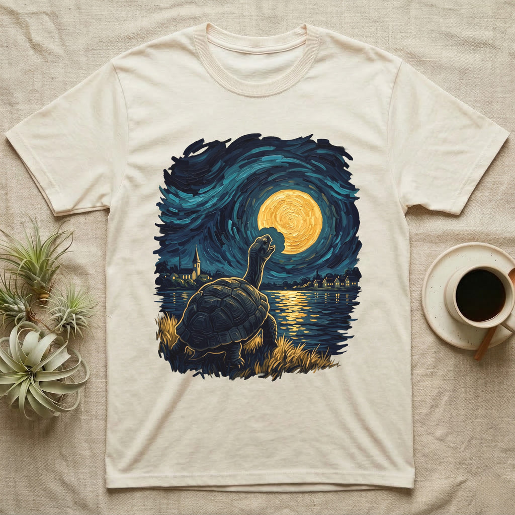 Hermann's Tortoise Moon T-Shirt in Natural — Painted Hermann's tortoise seen from behind, neck stretched up, biting a piece out of a golden spiral moon in a swirling blue night sky over a lake