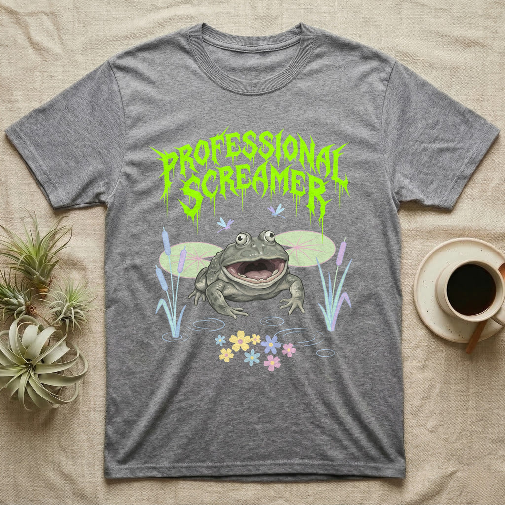 Budgett's Frog Feral T-Shirt in Sport Grey — Budgett's frog with wide screaming mouth under jagged acid-green metal text PROFESSIONAL SCREAMER with lily pads