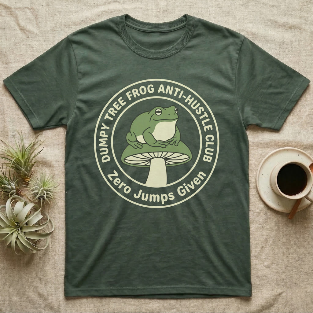 Green t-shirt with a frog on a mushroom, "Dumpy Tree Frog Anti-Hustle Club" text.