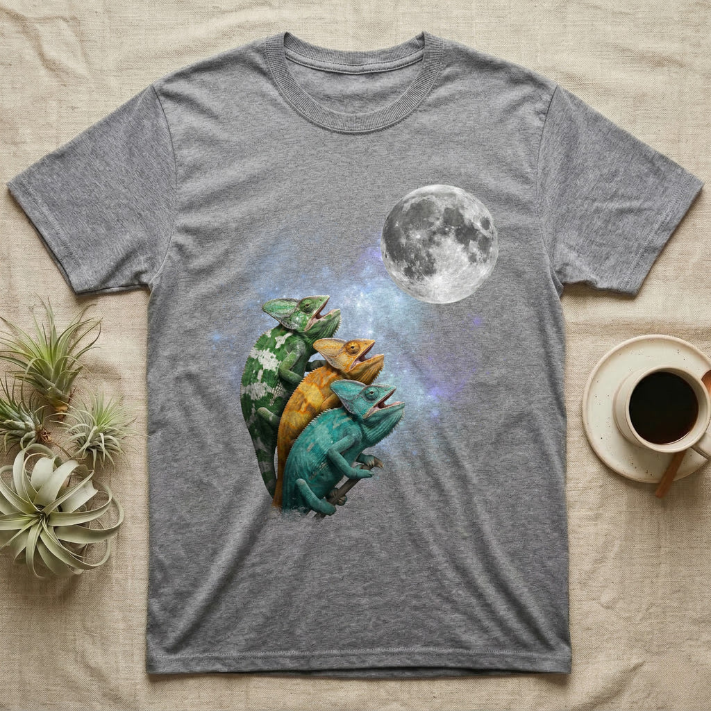 Veiled Chameleon Moon Howl T-Shirt in Sport Grey — Three Veiled Chameleon colour morphs howling at a full moon over a nebula on a dark grey t-shirt.