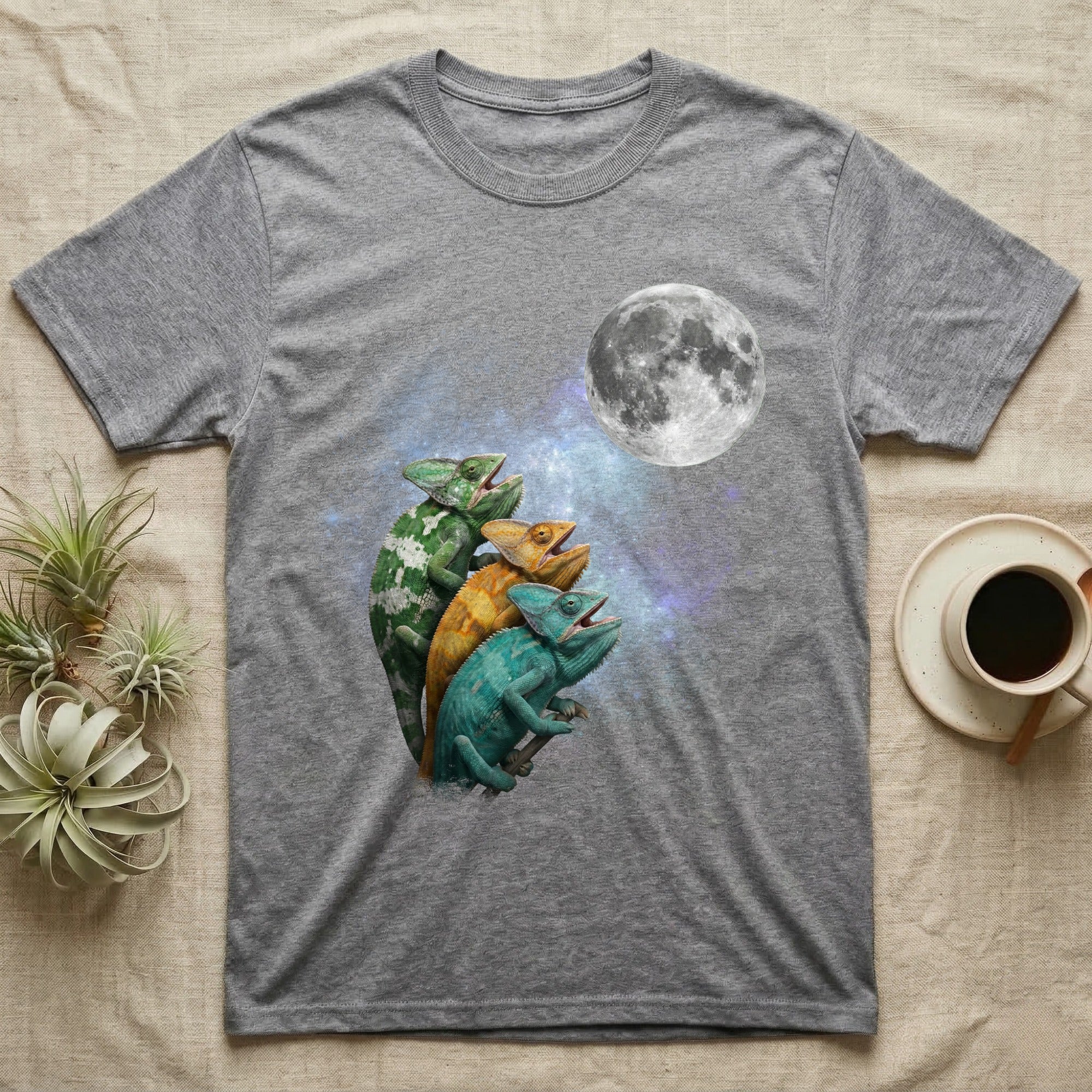 Veiled Chameleon Moon Howl T-Shirt in Sport Grey — Three Veiled Chameleon colour morphs howling at a full moon over a nebula on a dark grey t-shirt.