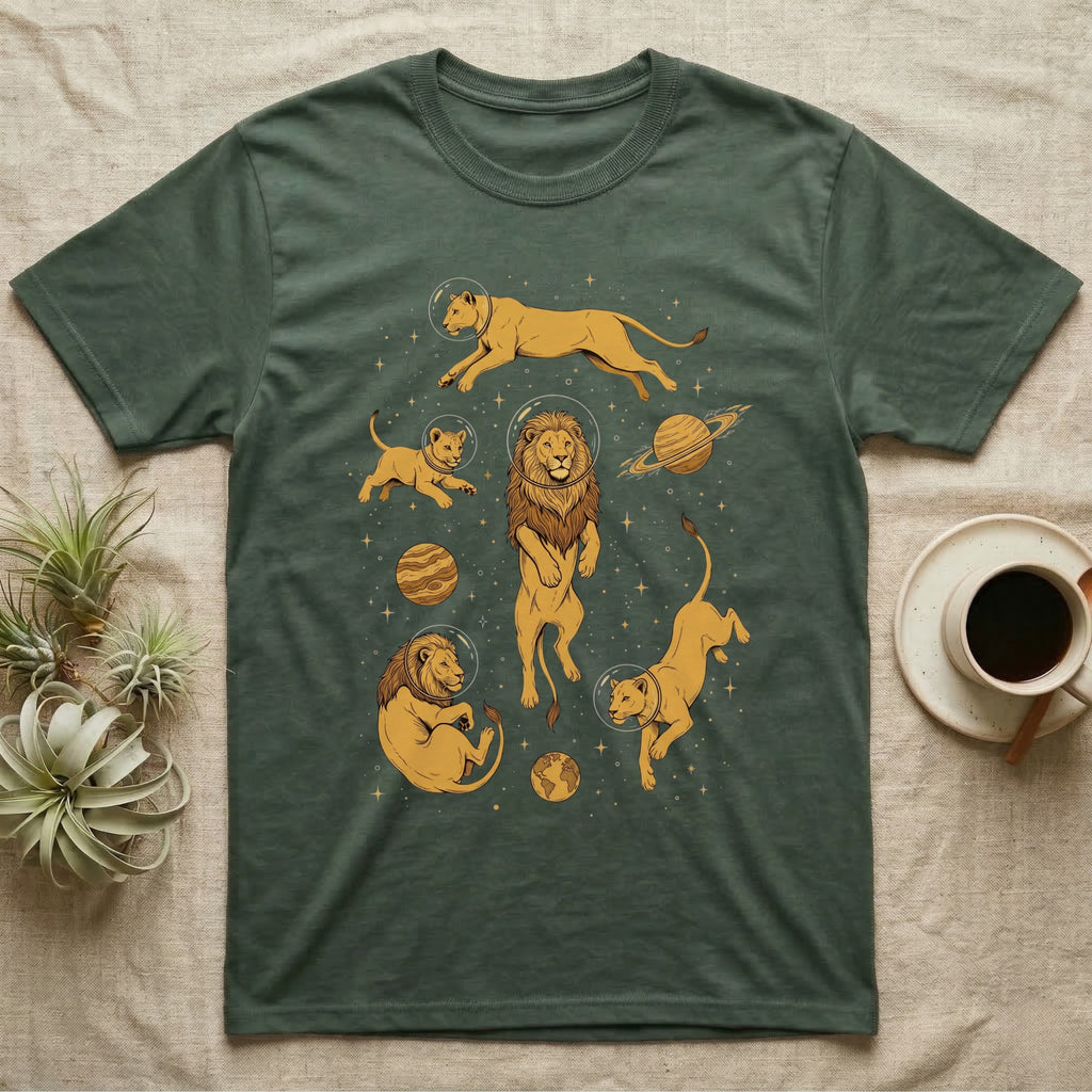 T-shirt with a graphic of lions in space among planets and stars.