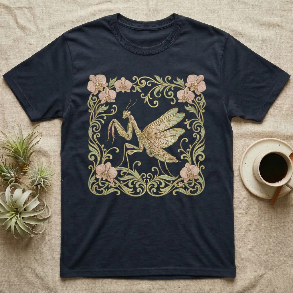 Dark t-shirt with a stylized praying mantis and floral art nouveau border.