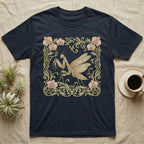 Dark t-shirt with a stylized praying mantis and floral art nouveau border.