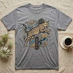 Grey t-shirt with a jumping spotted wild cat and Asian-inspired cloud design.