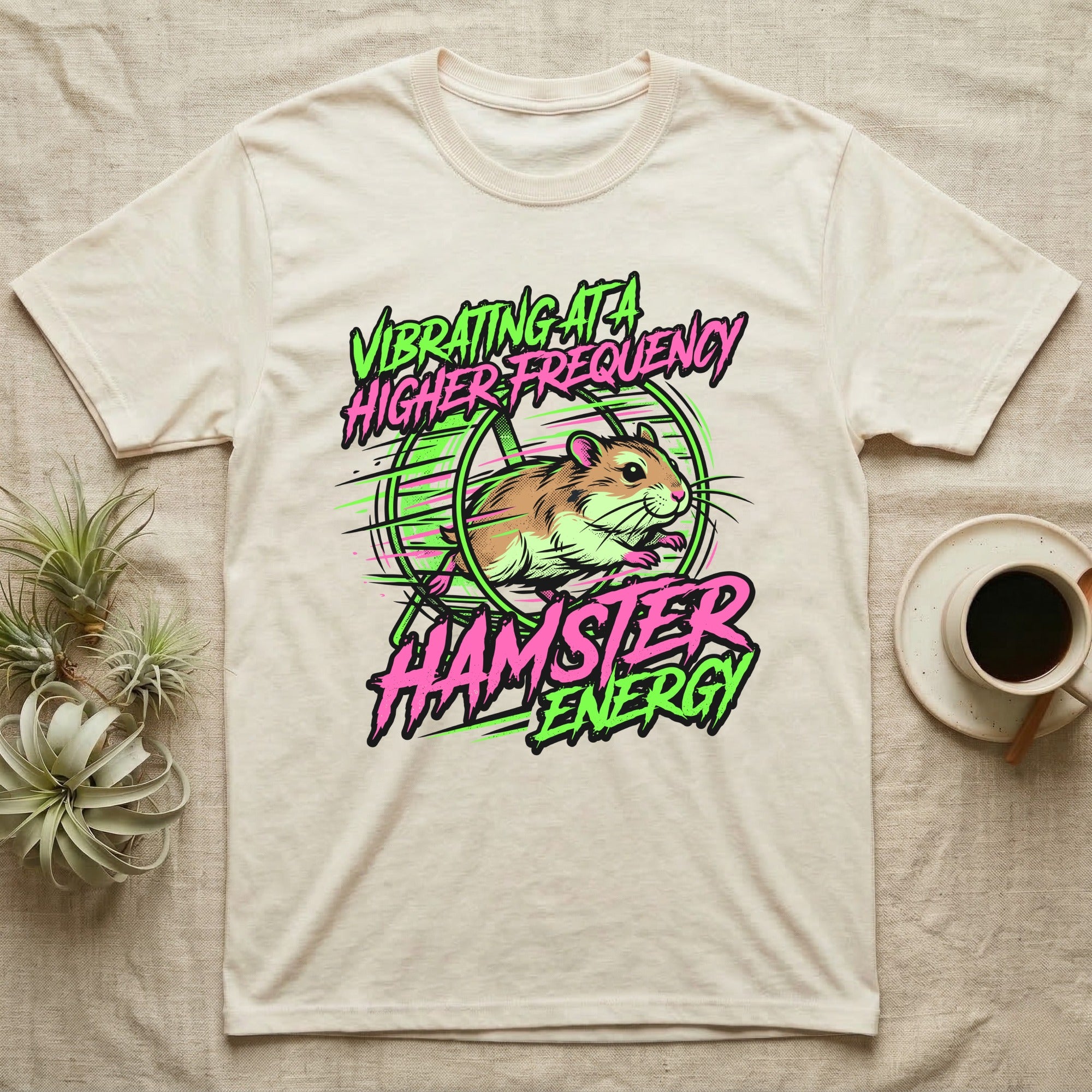 T-shirt with vibrating hamster and neon text "HAMSTER ENERGY".