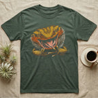 Vintage ink illustration of a bearded dragon head with its mouth wide open, tongue out, front claws raised, no on-shirt text. — shown on a Military Green tee.