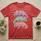 T-shirt featuring three stacked chameleons in pastel colors.