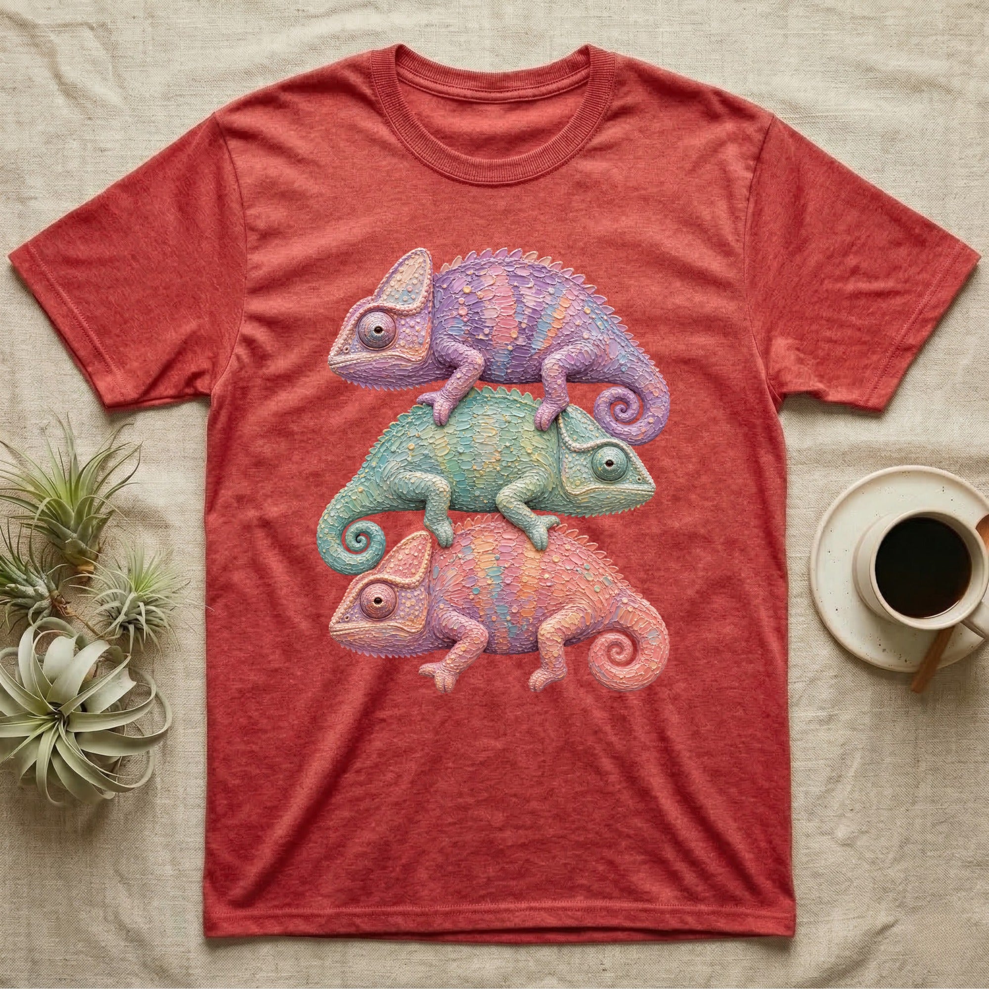 T-shirt featuring three stacked chameleons in pastel colors.