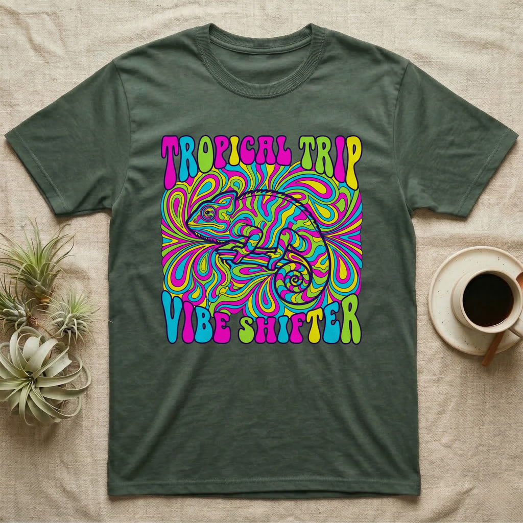 Green t-shirt with psychedelic chameleon graphic and text "TROPICAL TRIP VIBE SHIFTER".