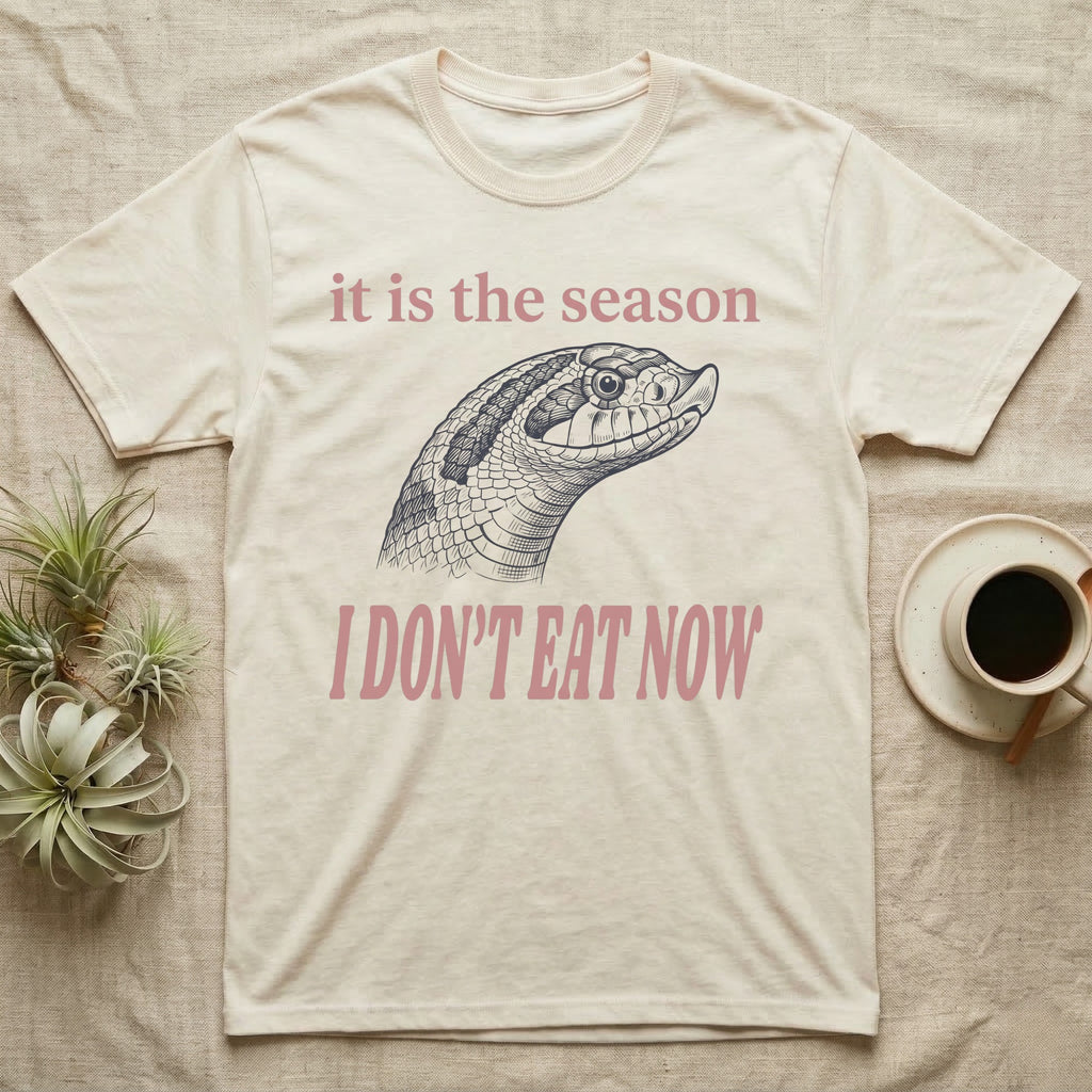 Hognose Fasting Season T-Shirt in Natural — Engraved western hognose snake head in profile, snout raised, under large retro lettering reading I DON'T EAT NOW.