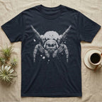 Velvet Spider Macro Portrait T-Shirt in Navy — High-contrast one-ink macro portrait of a velvet spider facing forward, front legs raised, on black.