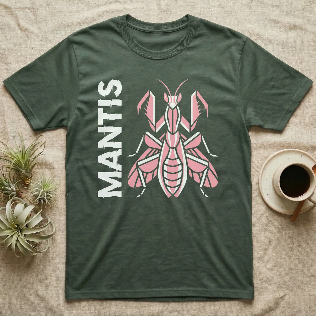Green t-shirt with pink mantis graphic and "MANTIS" text.