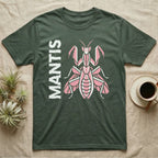 Green t-shirt with pink mantis graphic and "MANTIS" text.