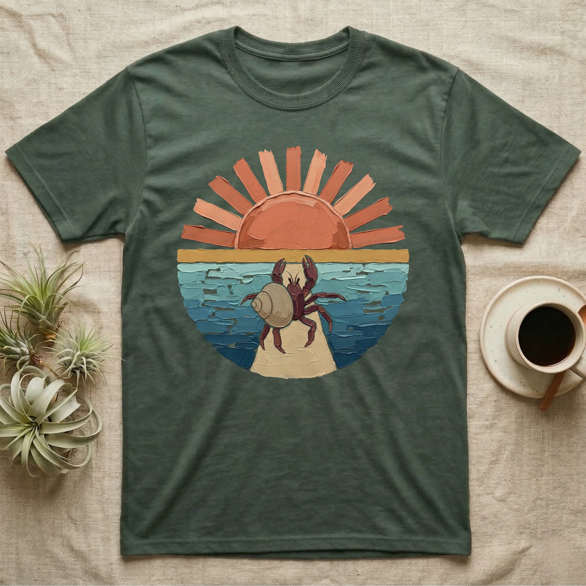 Hermit Crab Big Stretch T-Shirt in Military Green — Palette-knife painted medallion of a Caribbean hermit crab at full stretch under a coral sunburst.