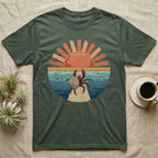 Hermit Crab Big Stretch T-Shirt in Military Green — Palette-knife painted medallion of a Caribbean hermit crab at full stretch under a coral sunburst.