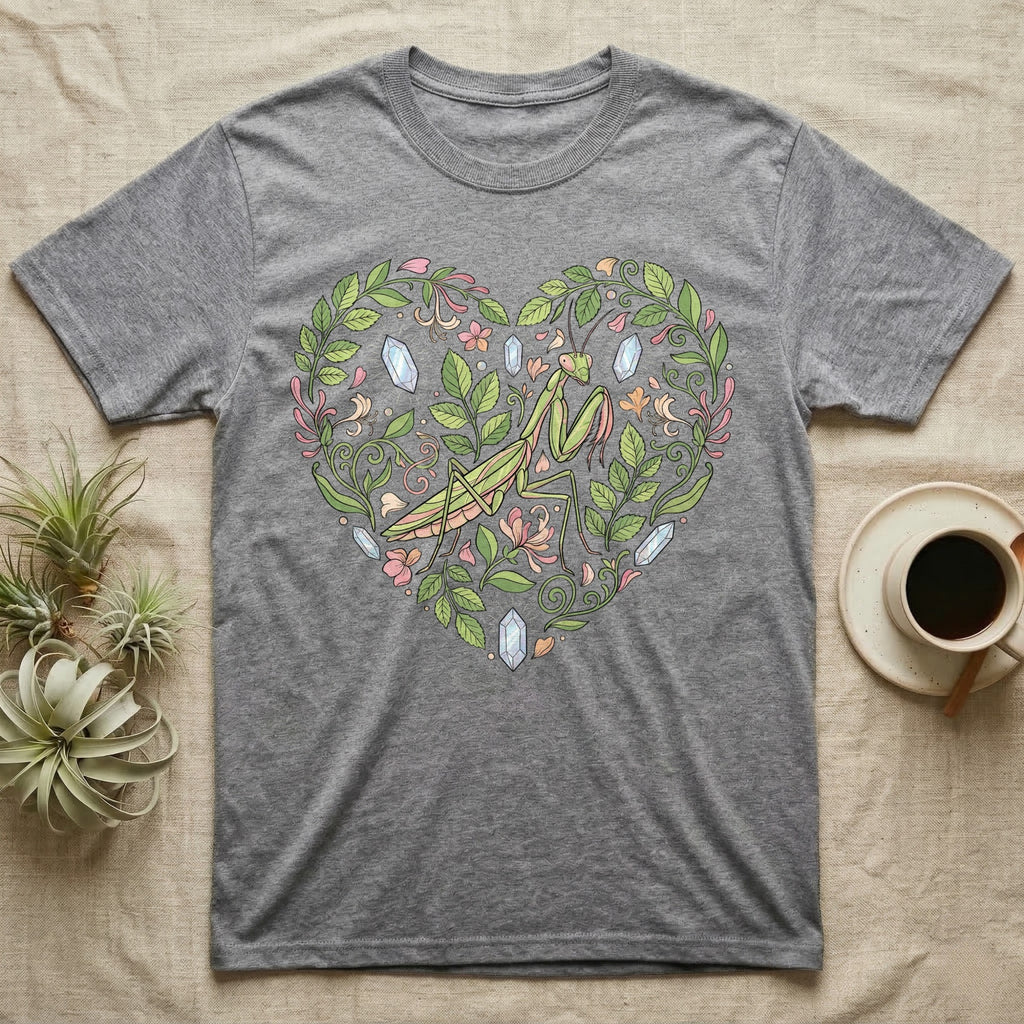 Grey t-shirt with a heart-shaped floral design featuring a praying mantis and crystals.