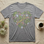 Grey t-shirt with a heart-shaped floral design featuring a praying mantis and crystals.