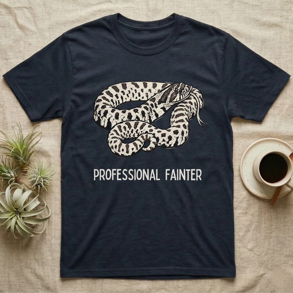 Hognose Professional Fainter T-Shirt in Navy — Linocut block-print of a western hognose snake flopped belly-up in a death-feign with professional fainter caption.