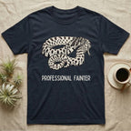 Hognose Professional Fainter T-Shirt in Navy — Linocut block-print of a western hognose snake flopped belly-up in a death-feign with professional fainter caption.