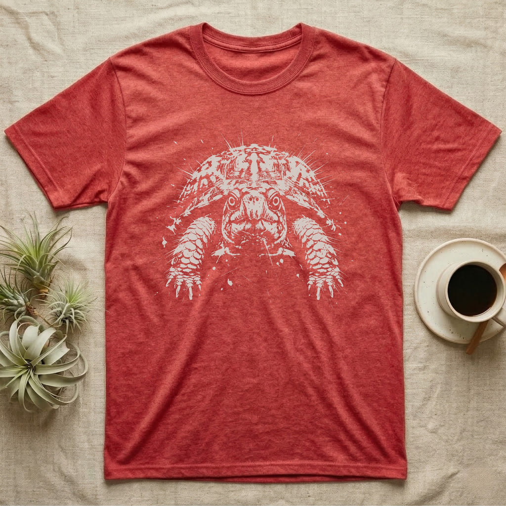 Box Turtle Face Macro T-Shirt in Heather Red — Eastern box turtle face in extreme close-up, crushed to one pale ink on black with two round eye holes.