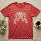 Box Turtle Face Macro T-Shirt in Heather Red — Eastern box turtle face in extreme close-up, crushed to one pale ink on black with two round eye holes.