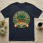 Tortoise Slow-oween Parade T-Shirt in Navy — Distressed badge of a witch-hatted tortoise pulling a pumpkin wagon, "Slow-oween Parade, Division Last Place."