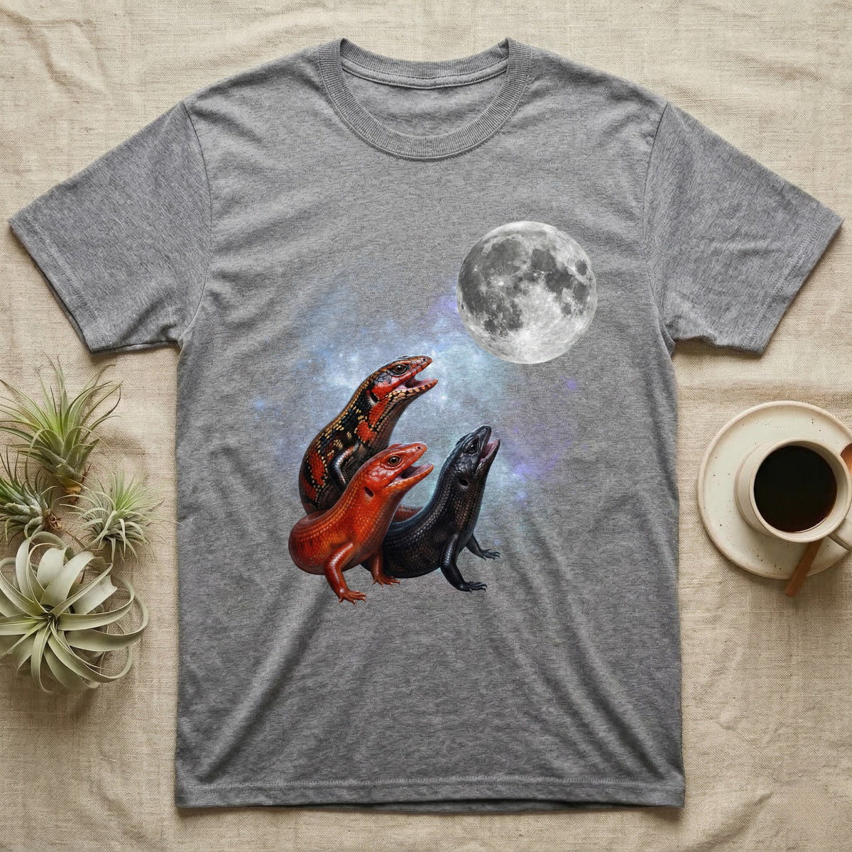Fire Skink Moon Howl T-Shirt in Sport Grey — Three Fire Skink colour morphs howling at a full moon over a nebula on a dark grey t-shirt.