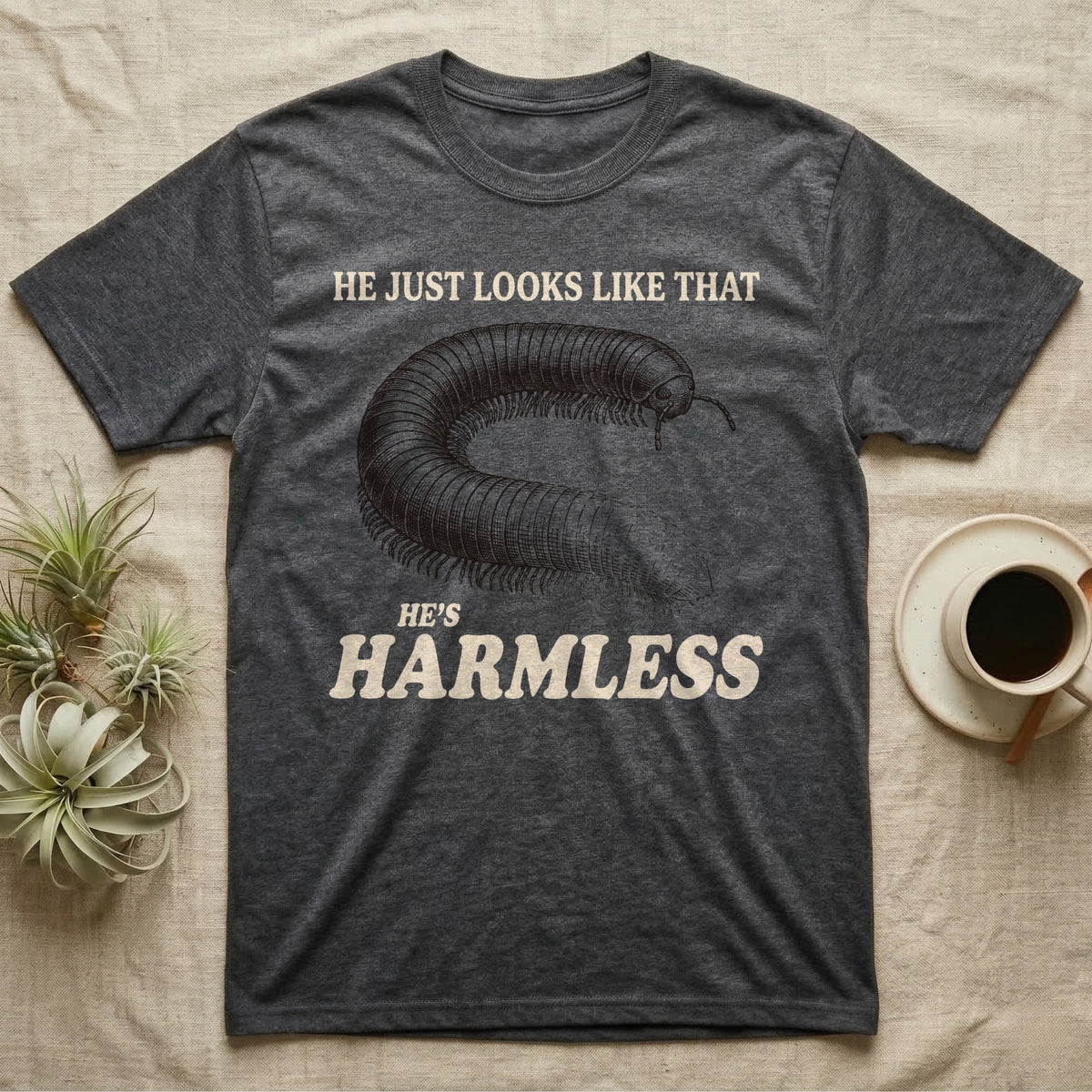 Millipede He's Harmless T-Shirt in Dark Heather — Engraved giant African millipede between cream serif lines reading He Just Looks Like That and Harmless.