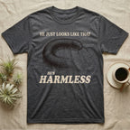 Millipede He's Harmless T-Shirt in Dark Heather — Engraved giant African millipede between cream serif lines reading He Just Looks Like That and Harmless.