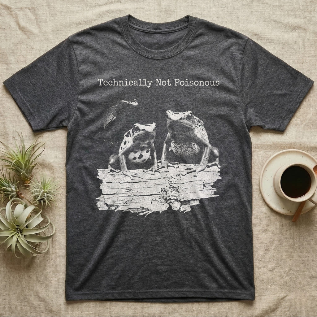 Technically Not Poisonous Dart Frog T-Shirt in Dark Heather — Three blue poison dart frogs on a bark ledge in distressed screen-print style under the line Technically Not Poisonous.