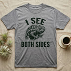 Panther Chameleon Mediator T-Shirt in Sport Grey — Etching of a panther chameleon holding a twig, its eyes pointing opposite ways, under I SEE, above BOTH SIDES
