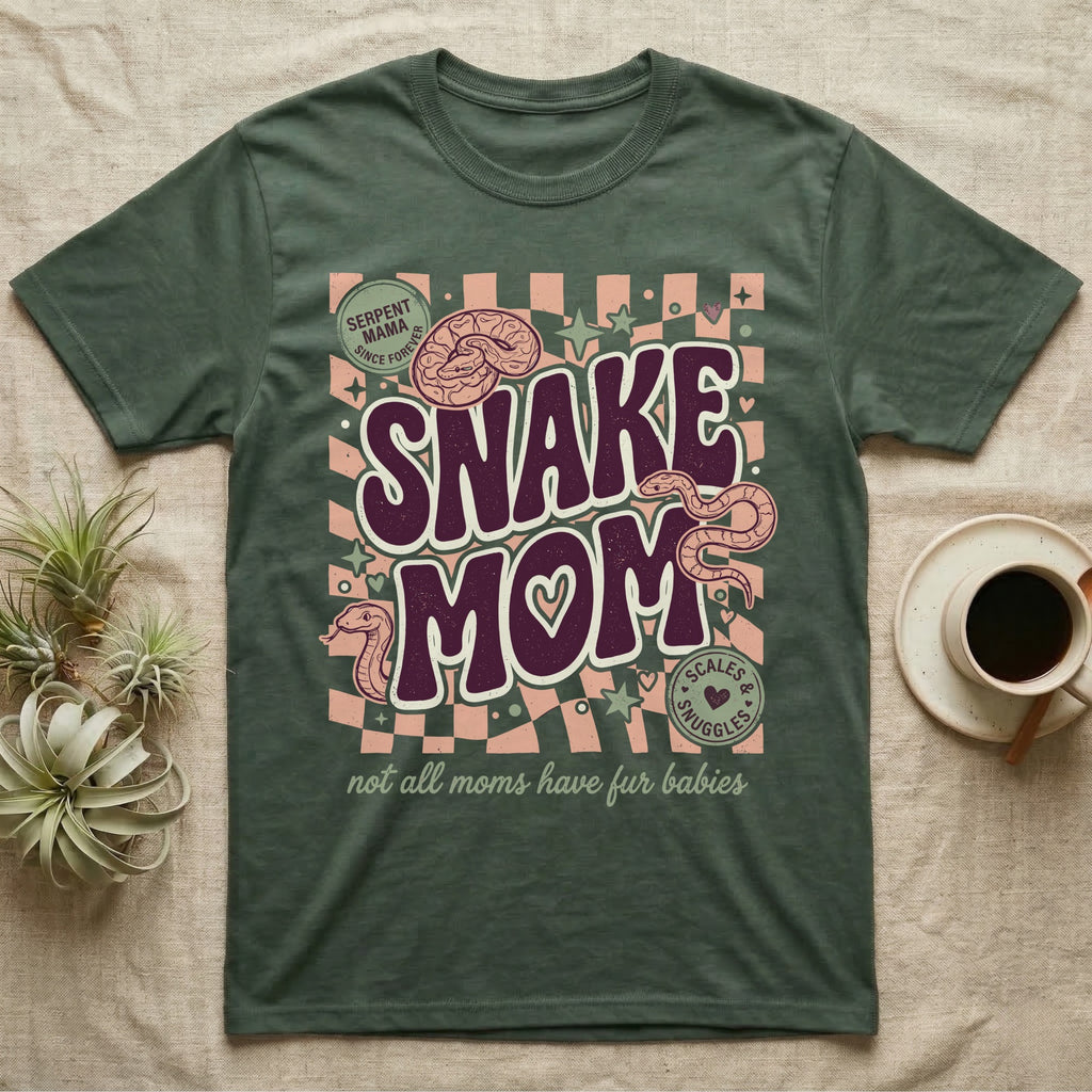 Snake Mom t-shirt with vintage checkered background and snakes.