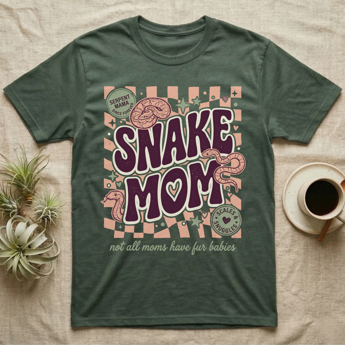 Snake Mom t-shirt with vintage checkered background and snakes.