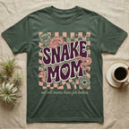 Snake Mom t-shirt with vintage checkered background and snakes.