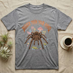 Goliath Birdeater Feral T-Shirt in Sport Grey — Goliath birdeater tarantula with bristly legs spread under jagged copper metal text BIGGER THAN YOUR HAND