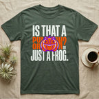 Frog Jack-O'-Lantern Illusion T-Shirt in Military Green — Typographic graphic of an orange frog doubling as a jack-o'-lantern, "Is That a Pumpkin? Or Just a Frog."