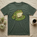 Green t-shirt with a cartoon frog sitting on a lily pad.