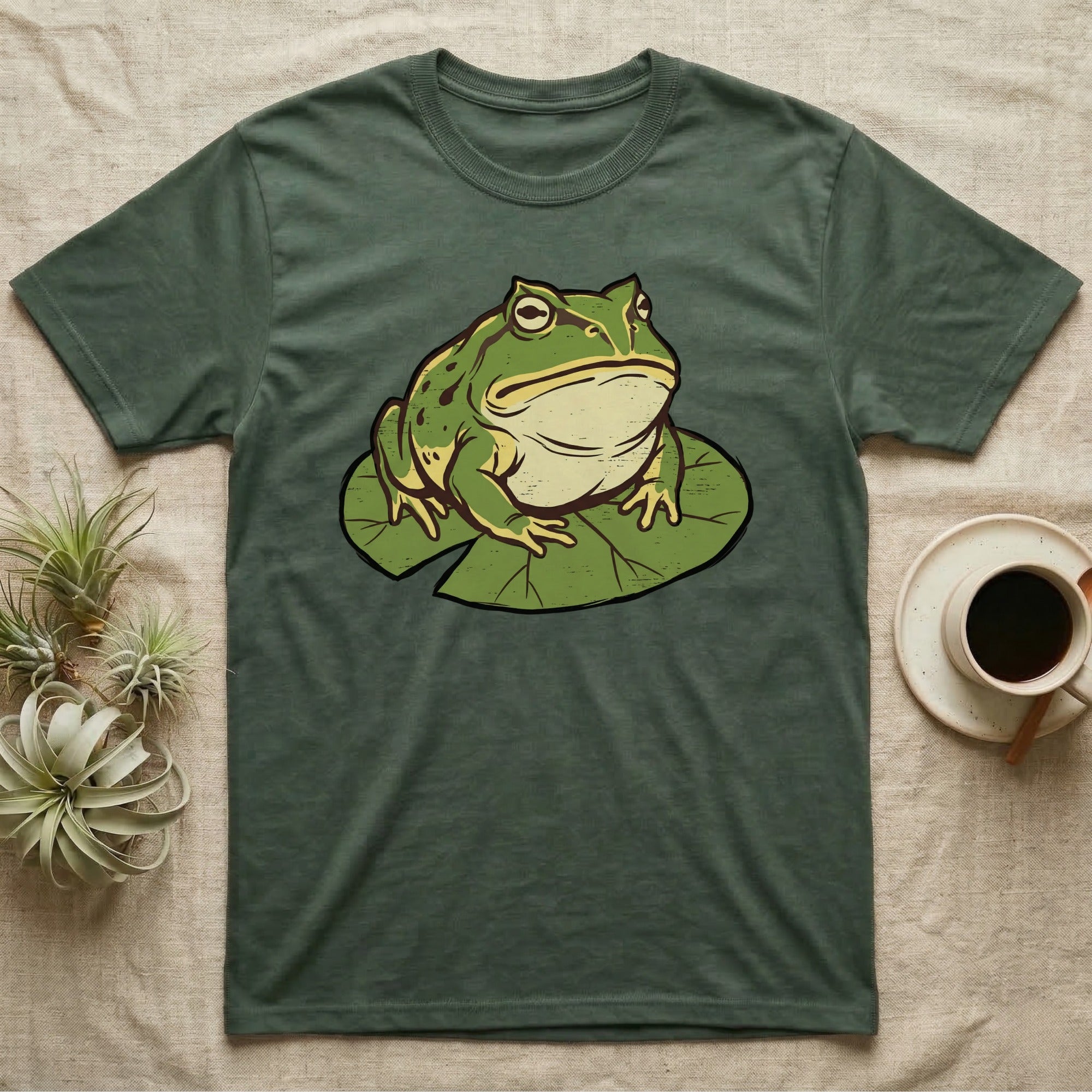 Green t-shirt with a cartoon frog sitting on a lily pad.
