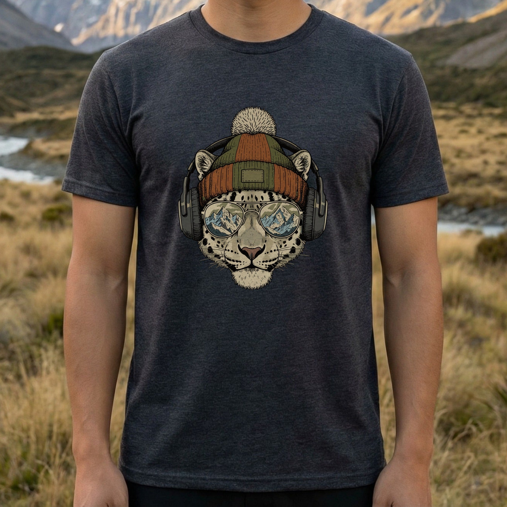 Cool Leopard with Headphones and Beanie Graphic Shirt
