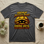 Tortoise Maximum Defense Force T-Shirt in Dark Heather — Metal graphic of a tortoise glaring from its shell, "Maximum Defense Force, Hiding Until November First."