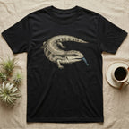 Black t-shirt with a blue-tongued lizard illustration.