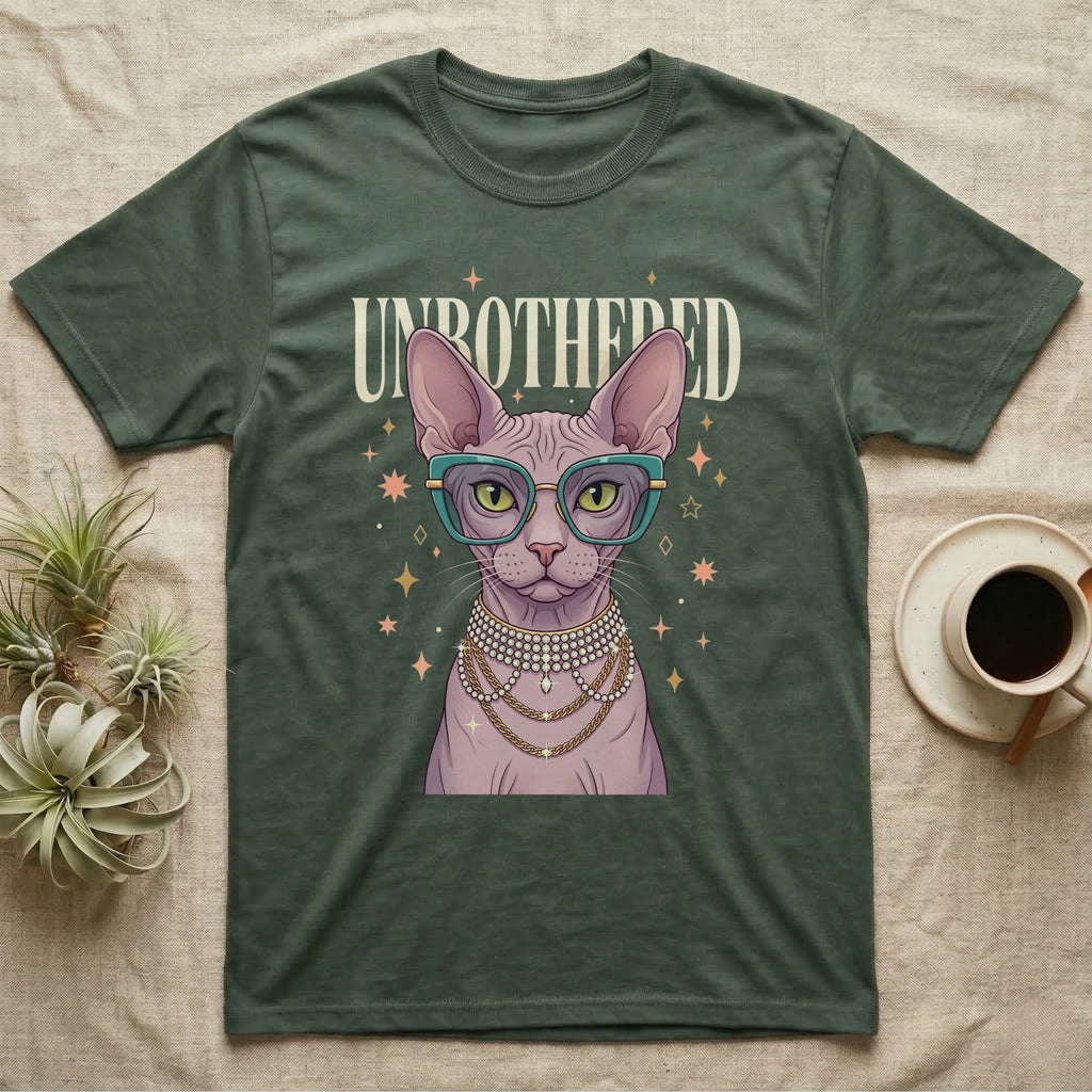 Sphynx cat wearing glasses, pearls, and stars, on a dark green t-shirt.