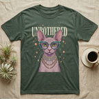 Sphynx cat wearing glasses, pearls, and stars, on a dark green t-shirt.