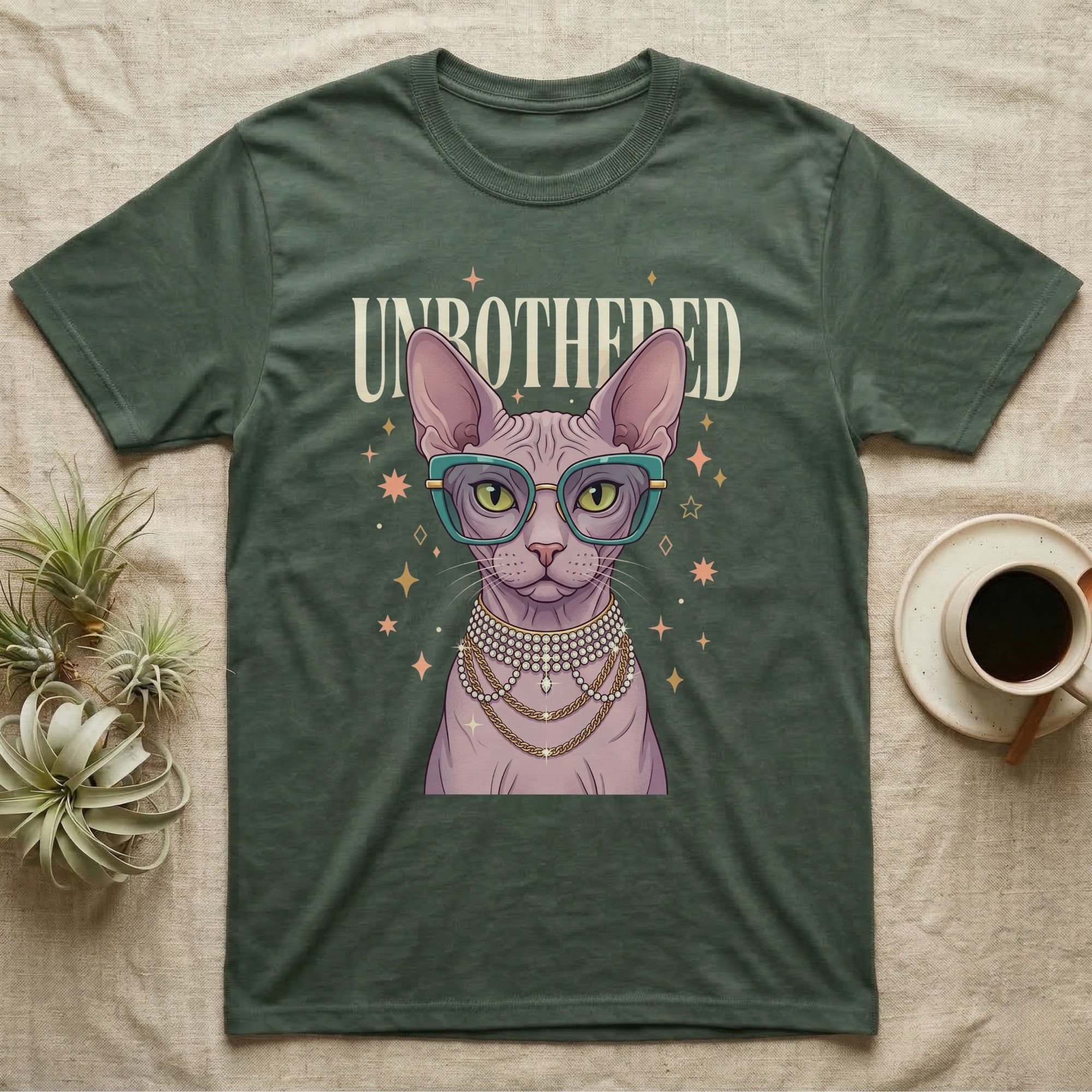 Sphynx cat wearing glasses, pearls, and stars, on a dark green t-shirt.
