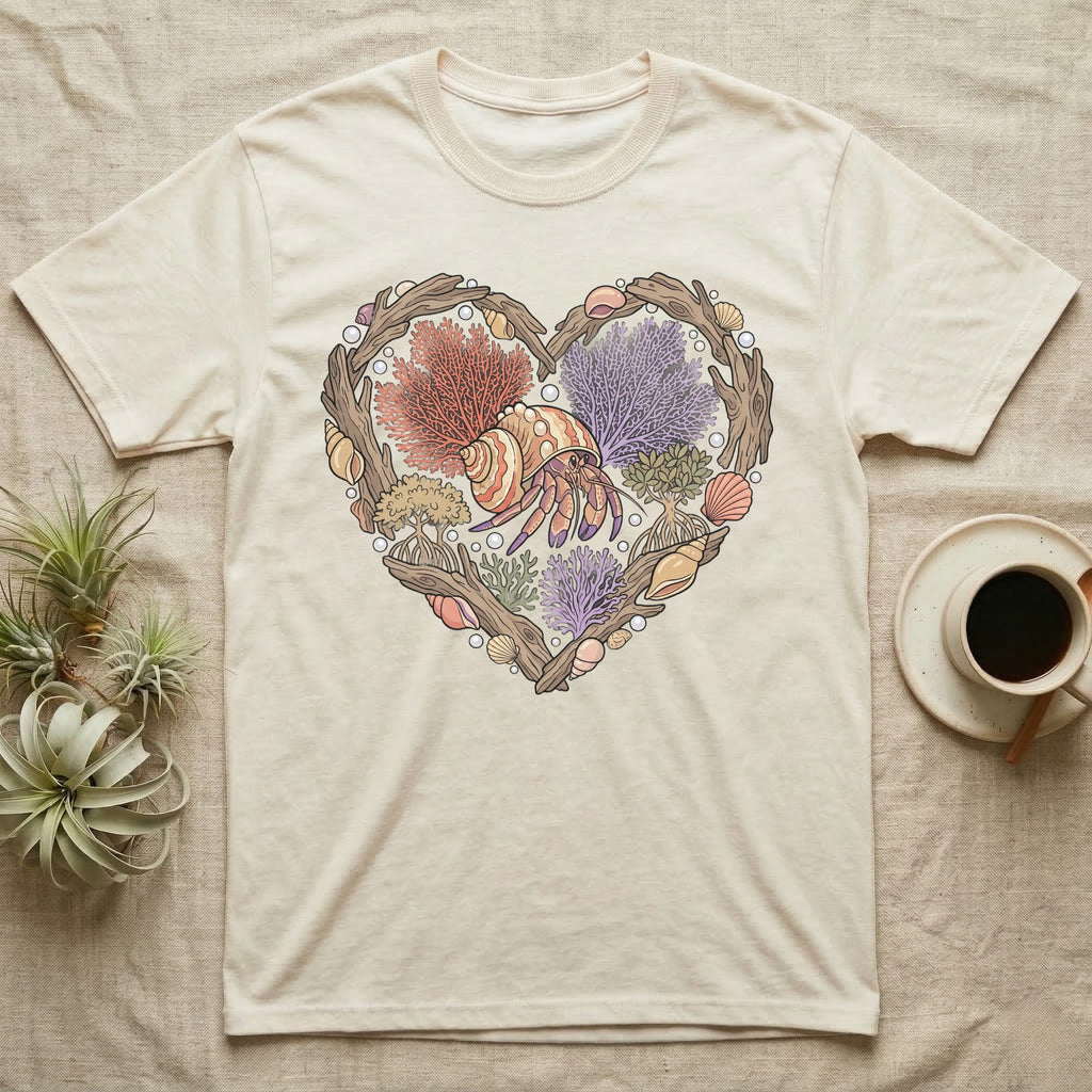 Cream t-shirt with heart design featuring coral, shells, and a hermit crab.