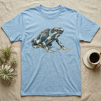 Dart Frog Tadpole T-Shirt in Light Blue — Naturalist-plate illustration of a dyeing dart frog carrying tadpoles on its back with a dry typewriter caption beside it.